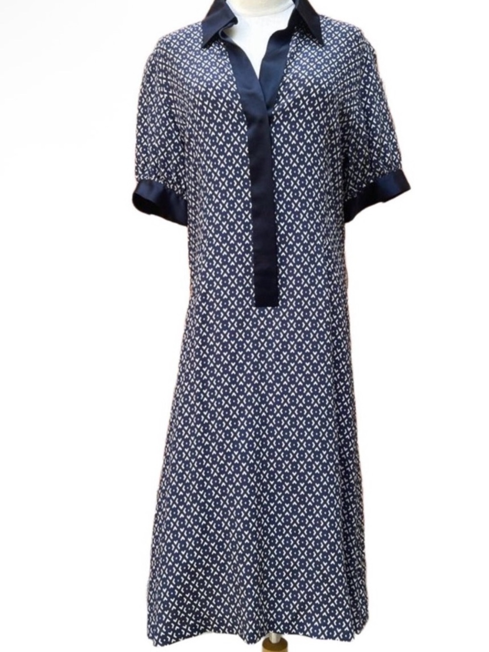 Pink Tartan Silk Navy Dress with White Geometric Print Size 12